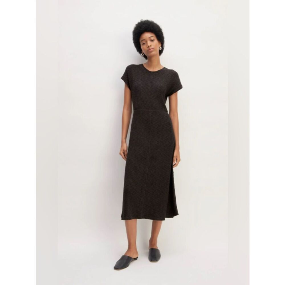 New Everlane THE RIB-KNIT CAP-SLEEVE MIDI DRESS in Black Size L